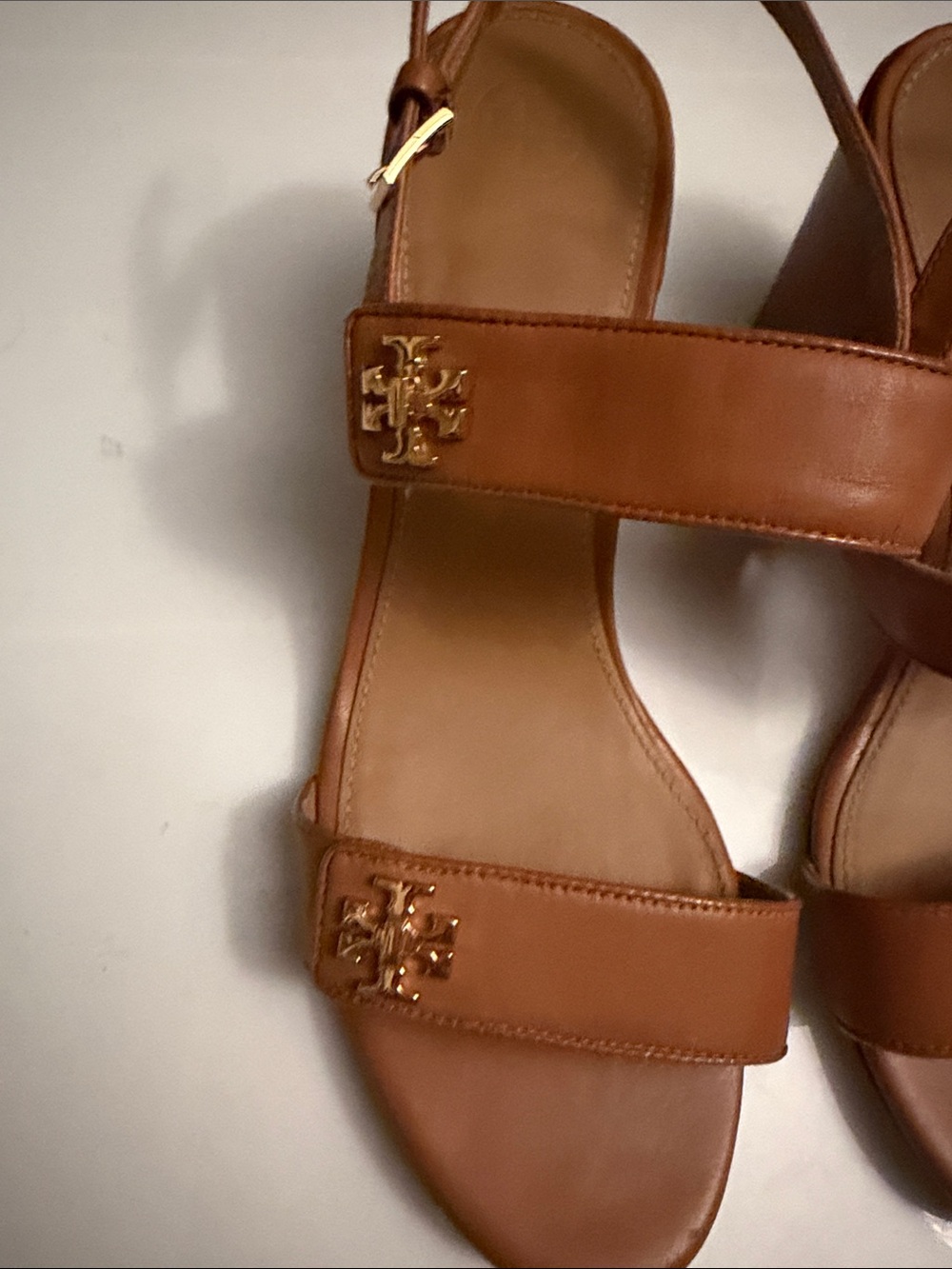 Tory Burch Cognac Leather Double-Strap Slingback Sandals with Gold Logo - Picture 3 of 11